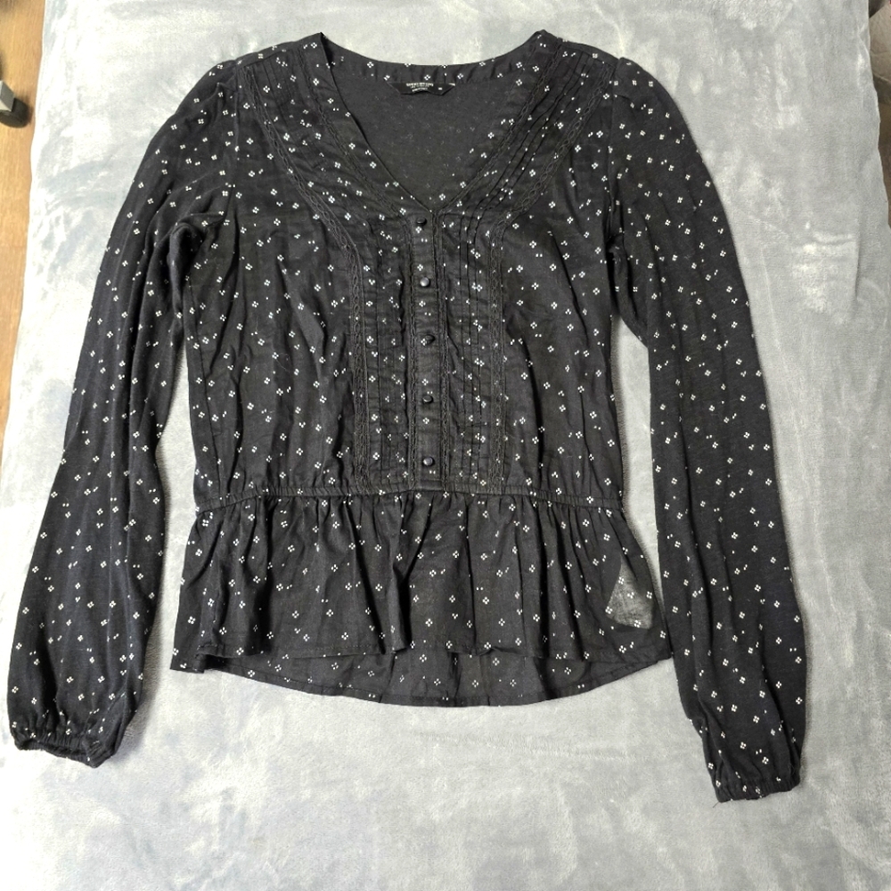 2/$30 Lucky Brand Black Cottagecore Boho Womens Blouse Size XS Polka Dot Cotton - Picture 1 of 10